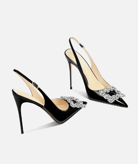 Women Shoes Black - Black rhinestone square buckle high-heeled shoes