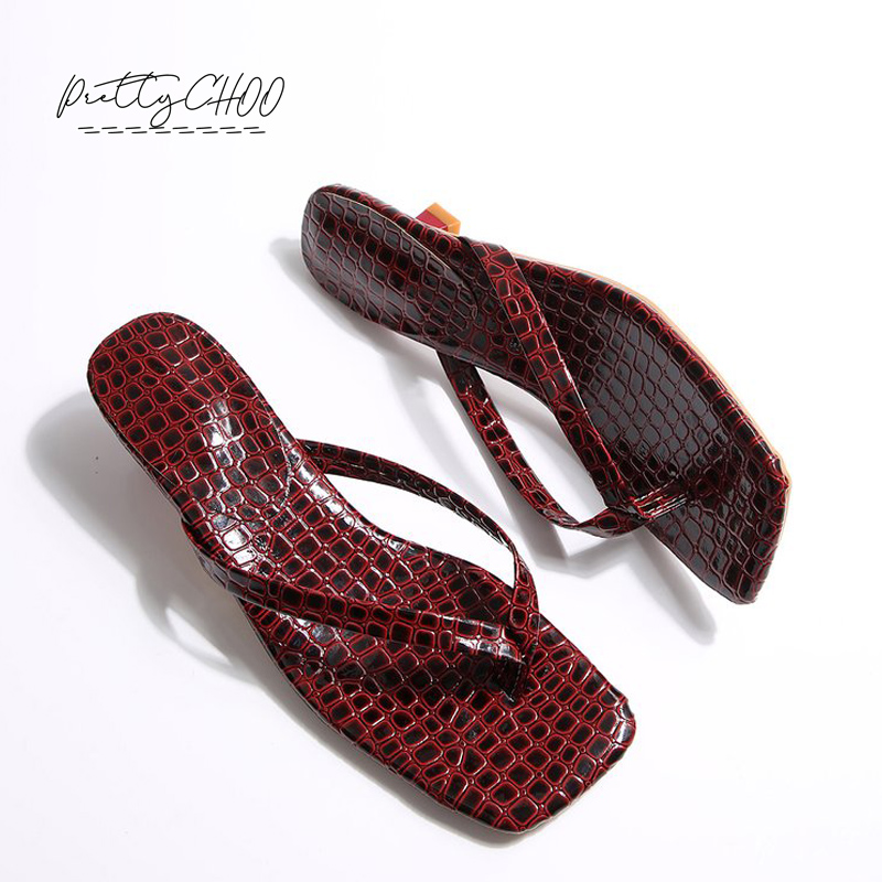 Square Toe Mule - Crocodile Print Kitten Heel Flip Flops