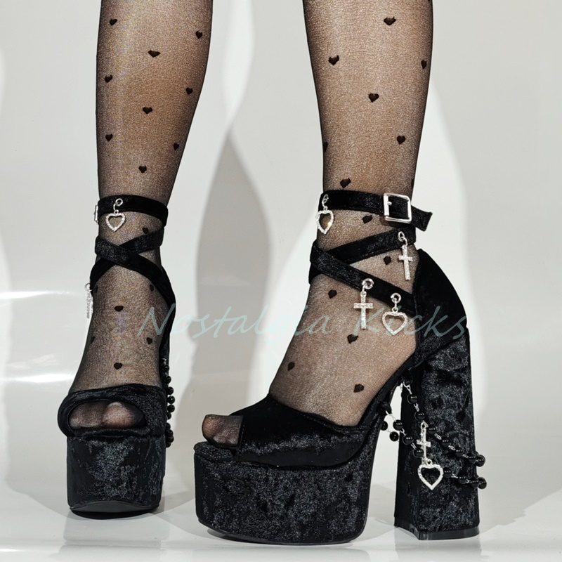 Gothic Black Velvet Platform H - Women Shoes Black ulasan dan harga