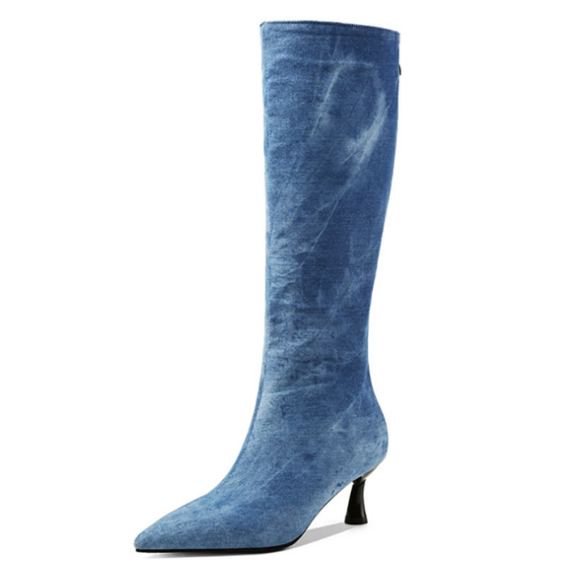 Blue Jeans Knee High Boots Wom - Women Shoes Jeans ulasan dan harga