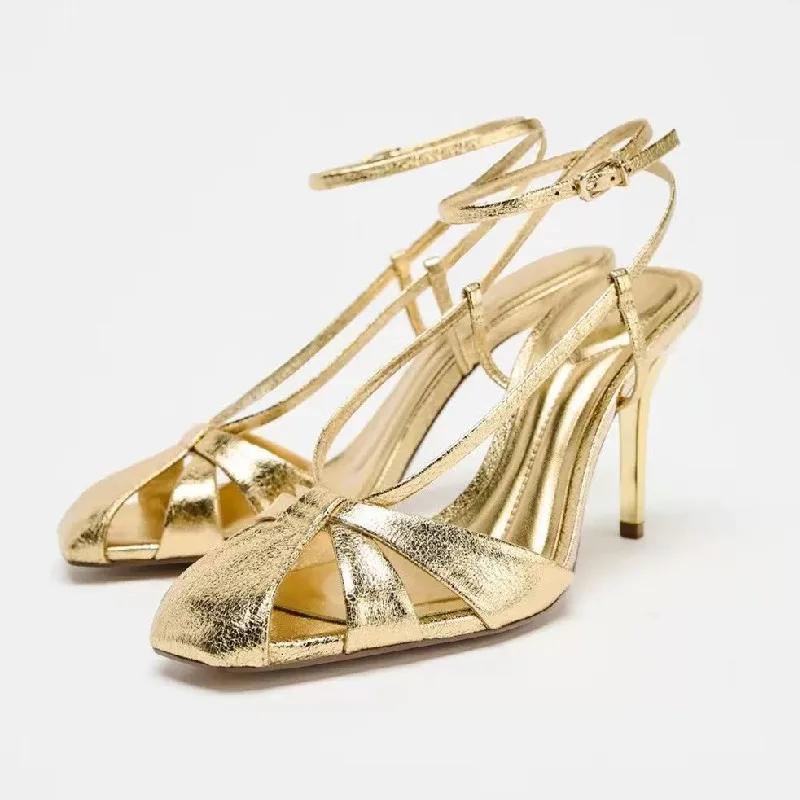 Fashion Gold Thin Heeled Sanda - Women Shoes Luxury Brand ulasan dan harga
